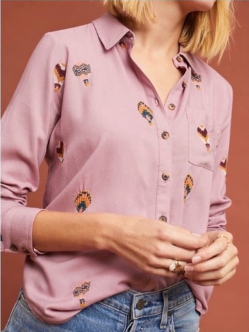 ANTHROPOLOGIE County Fair Embroidered Hot Air Balloon Button Up Shirt Sz 6 Boho